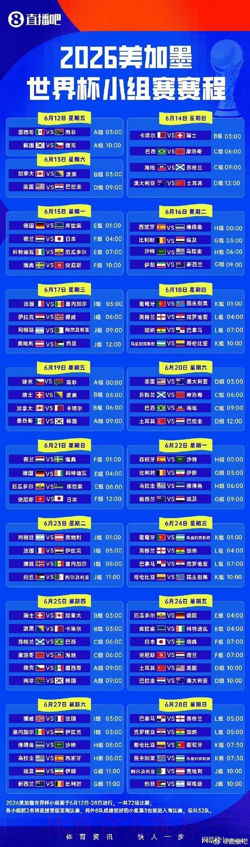 2026世界杯小组赛赛程完整版实时赛程免费观看